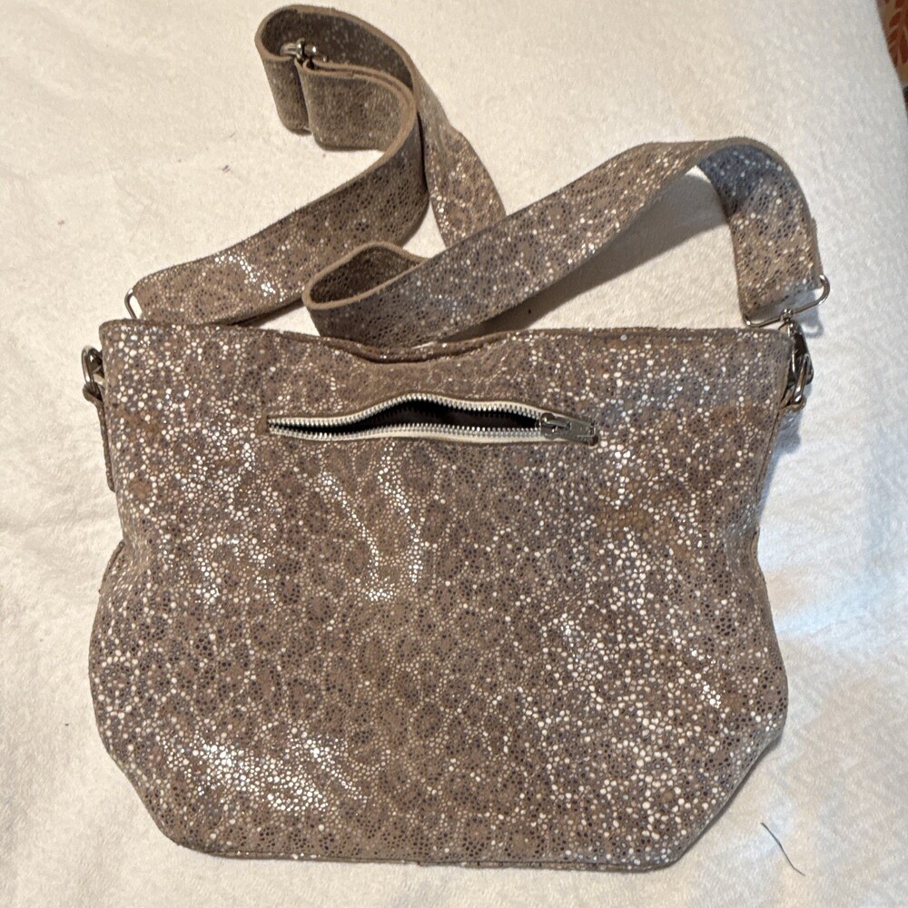 CoFi Beige Metallic Leather Crossbody Bag Glitter Animal Print Shoulder Purse